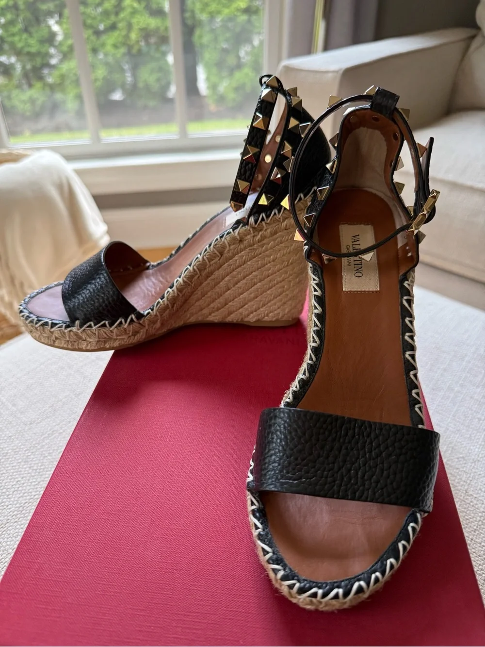 Valentino Black Leather Espadrille Wedge Sandals with Gold Studs